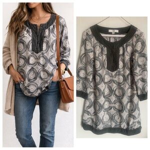 Coach XS Silk Cotton Tunic Top Gray Print Blouse Lagenlook Boho Luxury